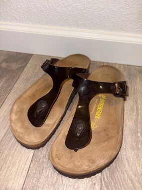 Birkenstock Brown Patent Gizeh Thong Sandals